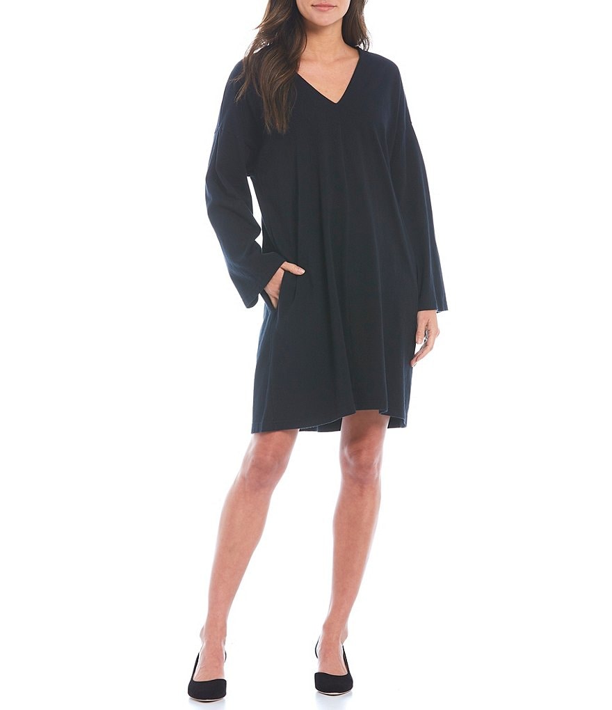 Bryn Walker Bingley Cotton Knit Jersey V-Neck Long Sleeve Drop Shoulder Shift Dress