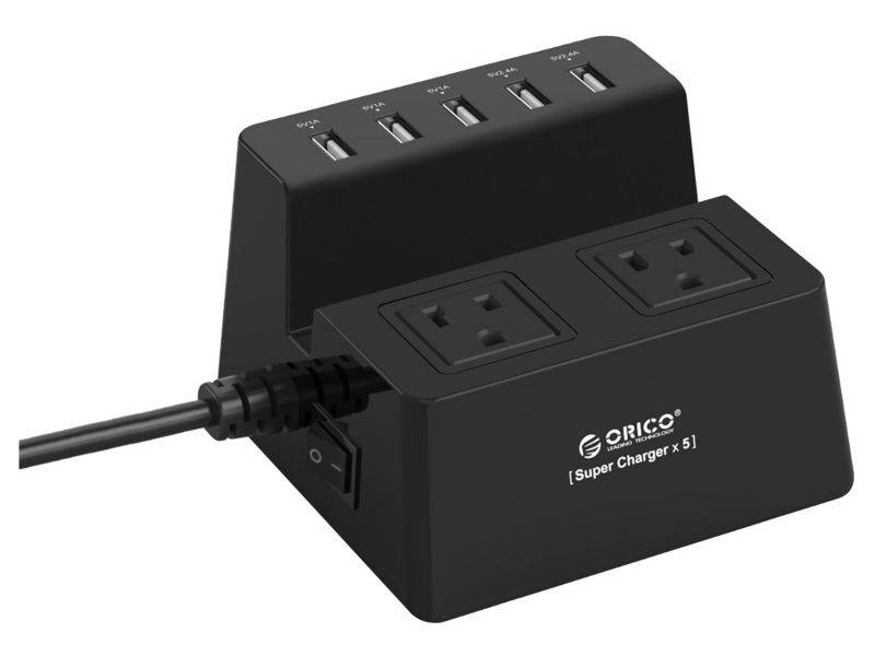 ORICO  40W 8A 5 USB Super Charger with 2 x AC Outlet Power Strip Surge Protector with 5 Feet Cord (3 x 5V1A,2 x 5V2.4A) for iPhone 7/7Puls/6S/6S P/5SE/iPad/LG/Samsung/HTC and More - Black (ODC-2A5U)