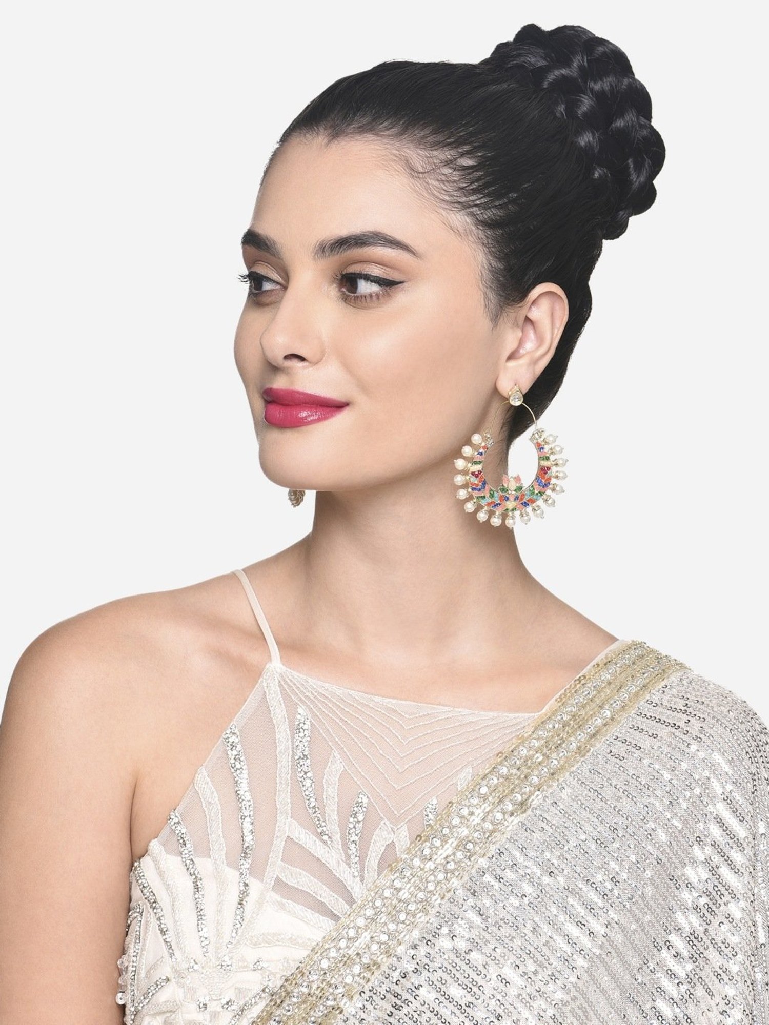 Zaveri Pearls Multicolor Stones Crescent Lotus Ethnic Dangler Earrings-ZPFK16398