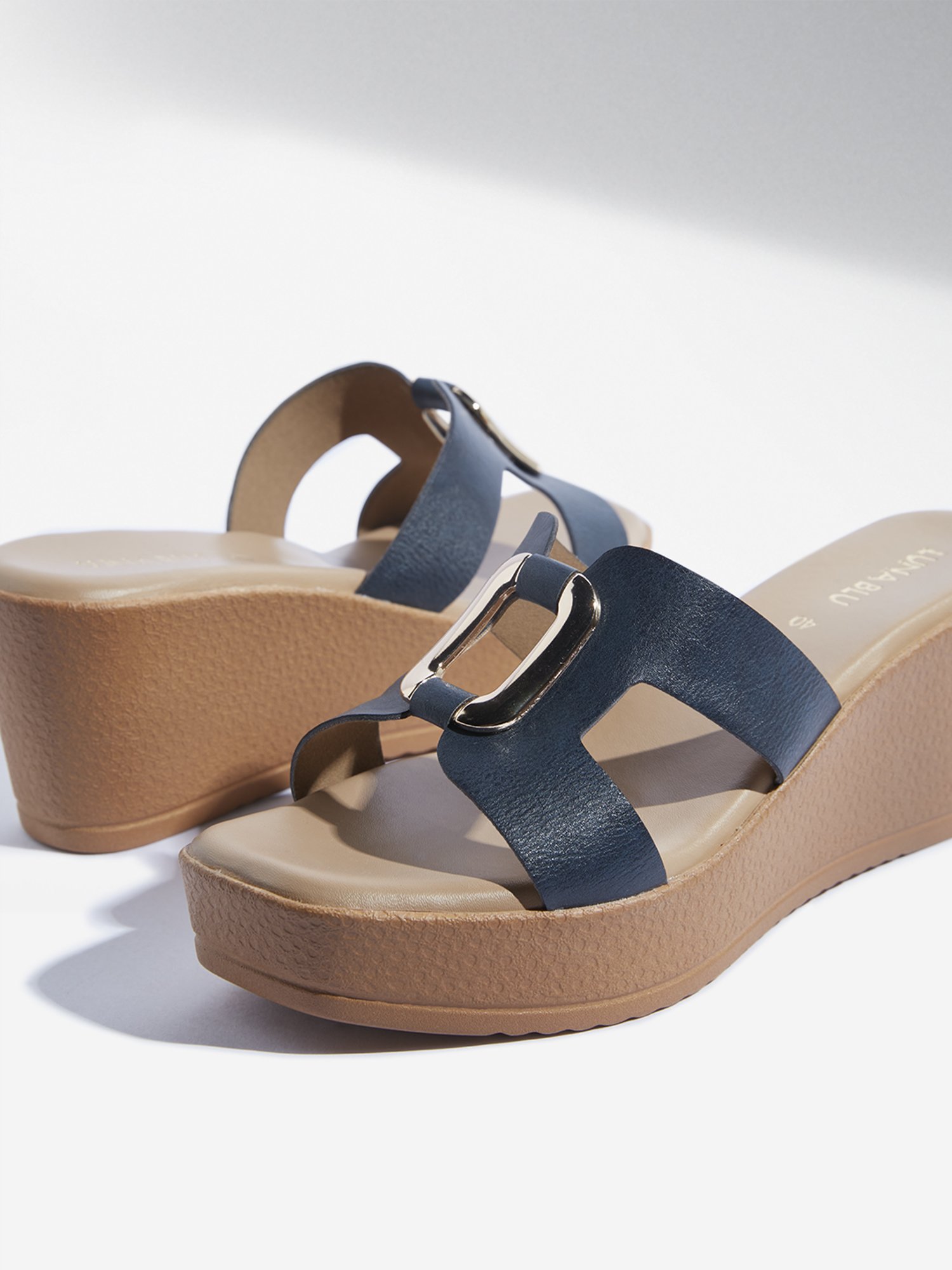 LUNA BLU by Westside Navy Hardware-Detailed Wedge-Heel Sandals