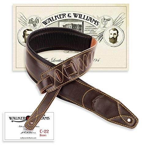 walker & williams c22 dark brown premium top grain leather padded guitar strap extra wide