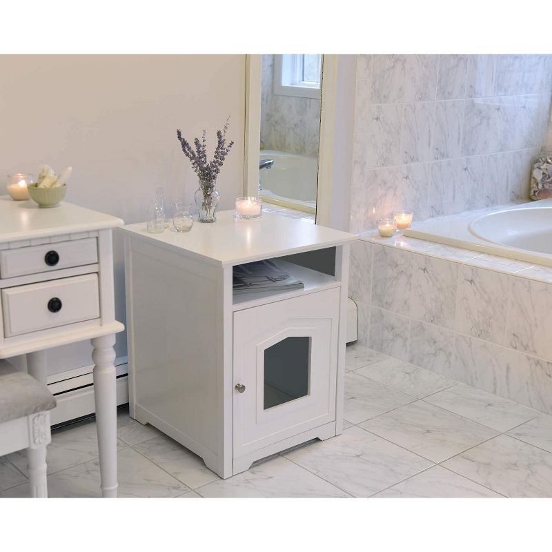 Arf Pets Designer Enclosed Cat Litter Box Furniture House with Table, Cat Washroom Hidden House Enclosure, White