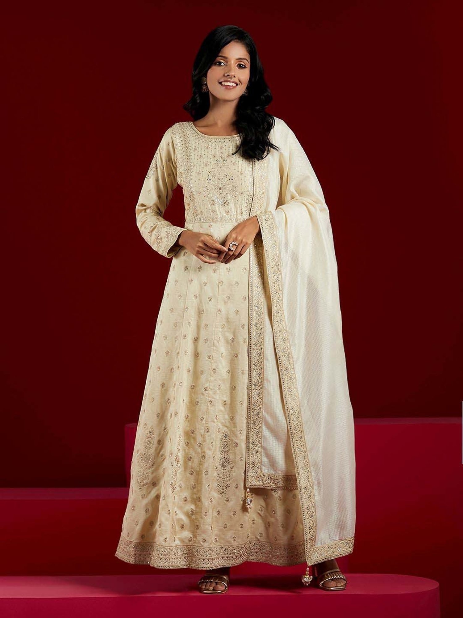 Libas Art Beige Embroidered Kurta Pant Set With Dupatta