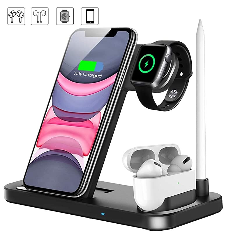 Wireless Charger, 4 in 1 Fast Wireless Charging Station Compatible with Apple Watch Airpods Pro iPhone 12/12 Pro/11/11 Pro/8/X, Wireless Charging Stand Compatible with Samsung