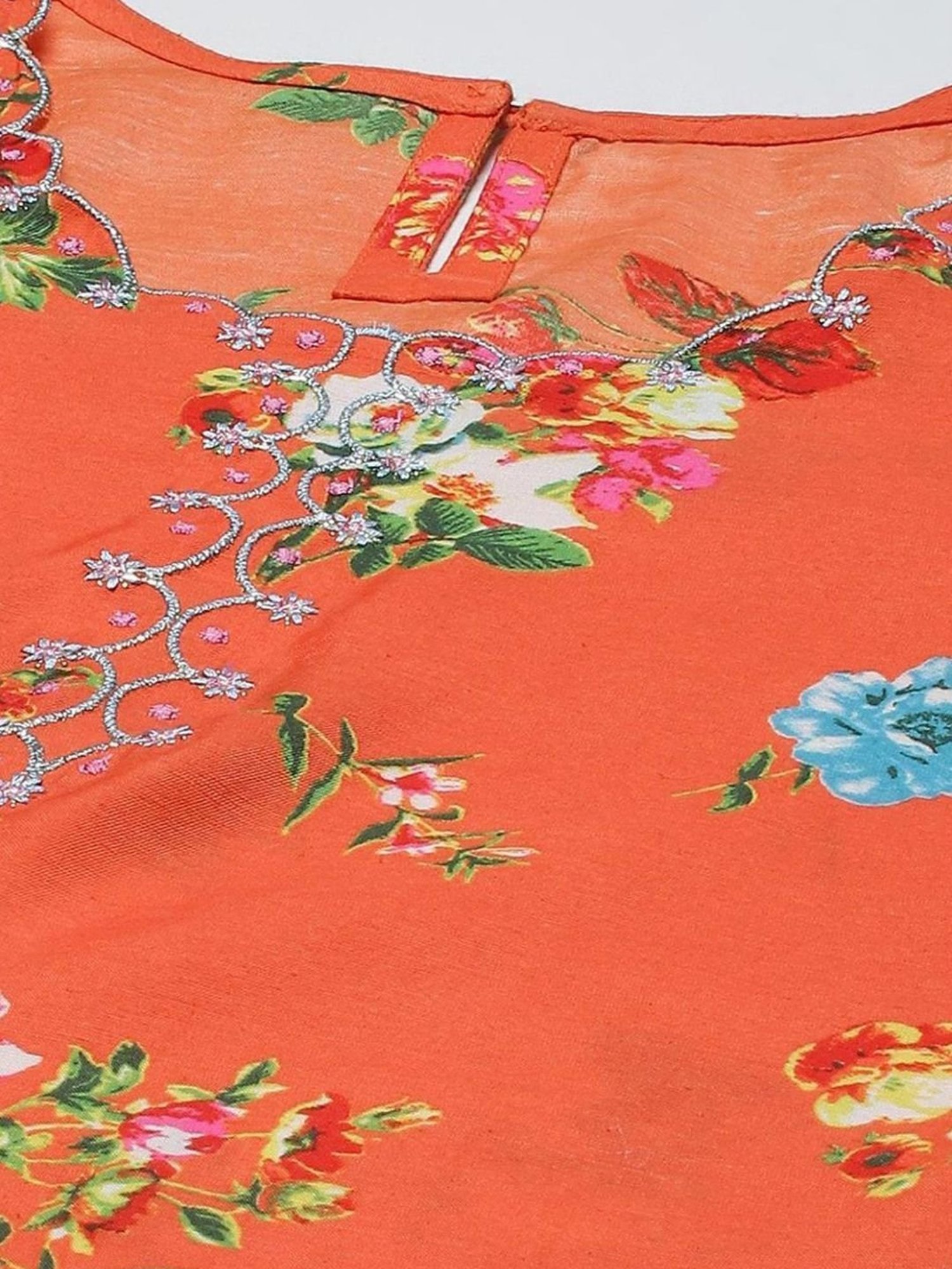 Biba Kids Orange & Sky Blue Floral Print Kurta Set