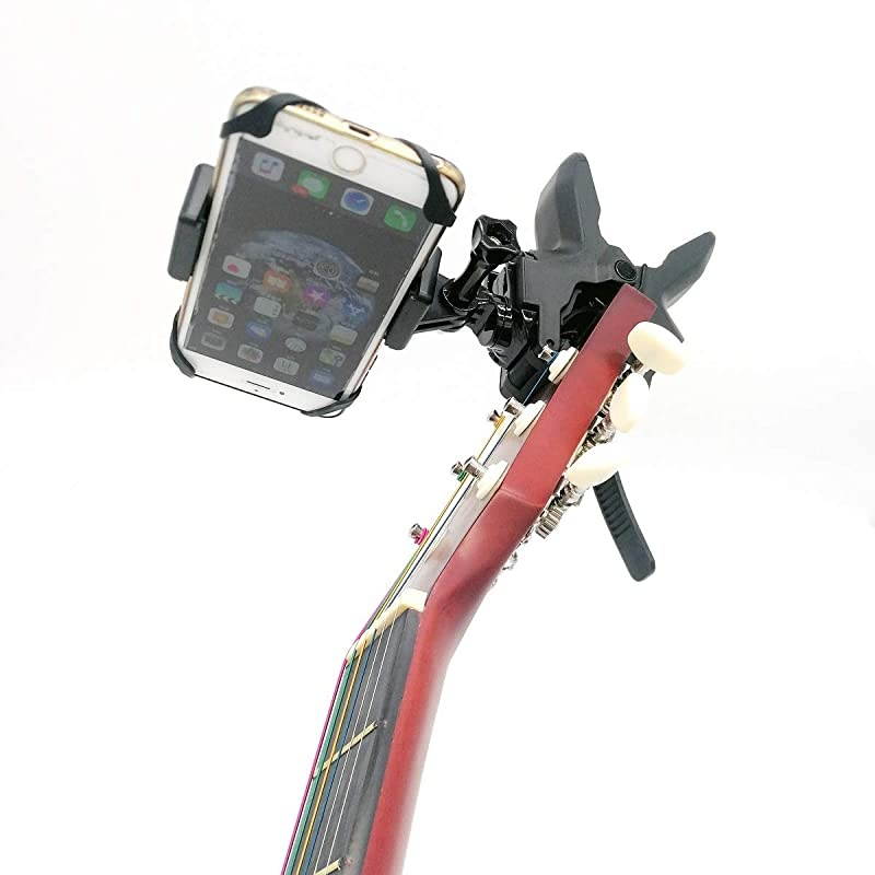 Camera and Cell Phone Music Mount - Ukelele Guitar Headstock Mobile Phone Clamp Clip Mount for Smartphones and Gopro Action Cameras ~ Close Up Home Recording - Work for Any Microphone Stands