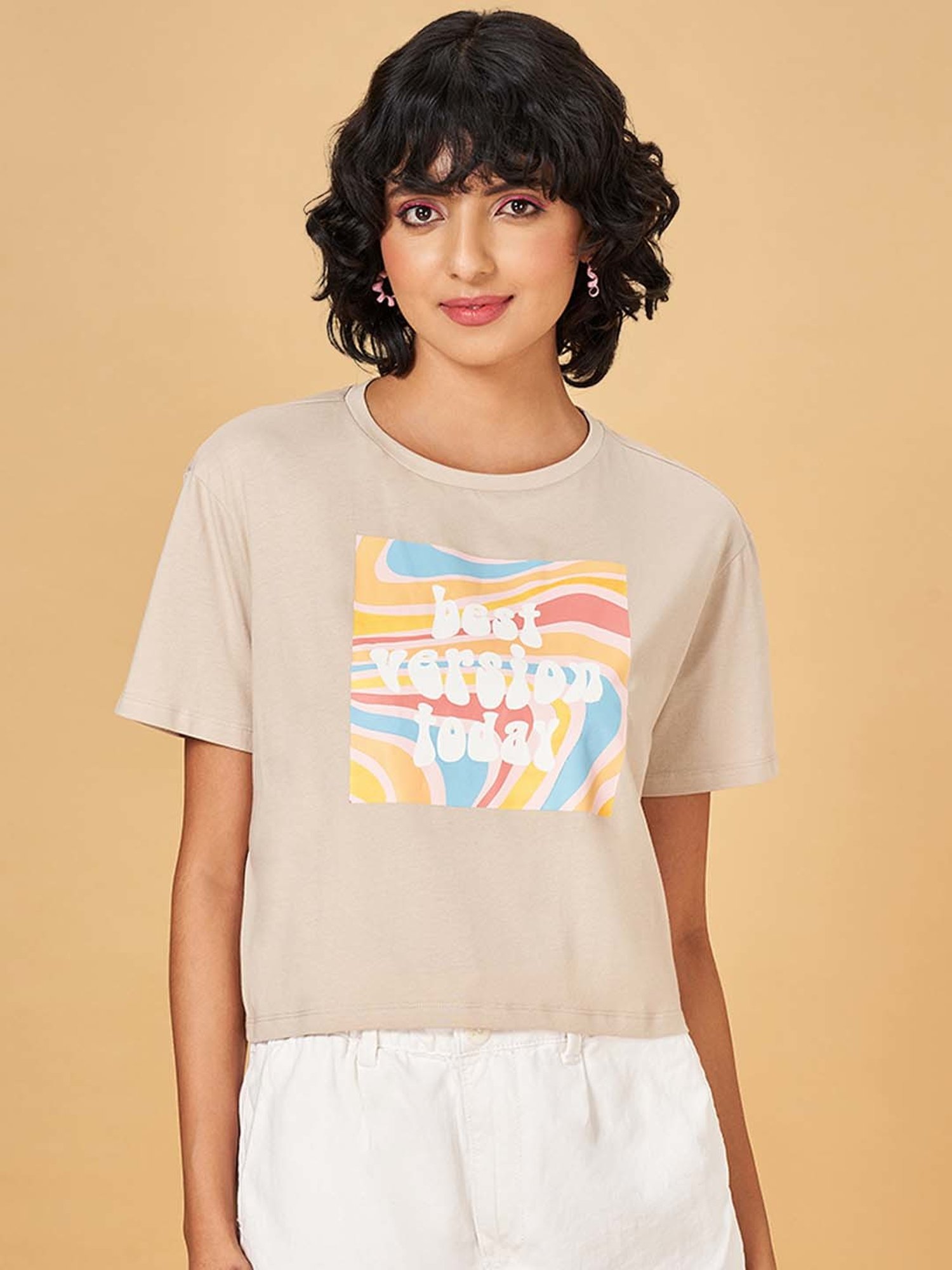 People by Pantaloons Beige Cotton Printed T-Shirt