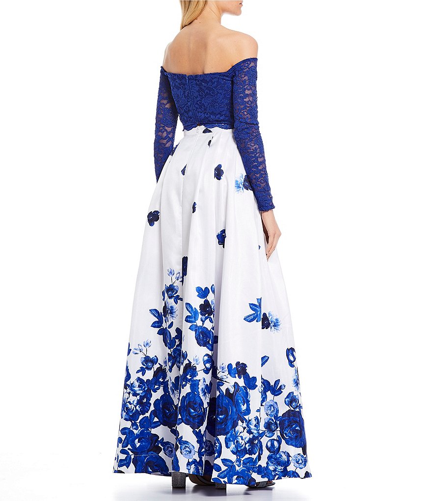 Sequin Hearts Off-The-Shoulder Lace with Floral Print Skirt Two-Piece Ball Gown