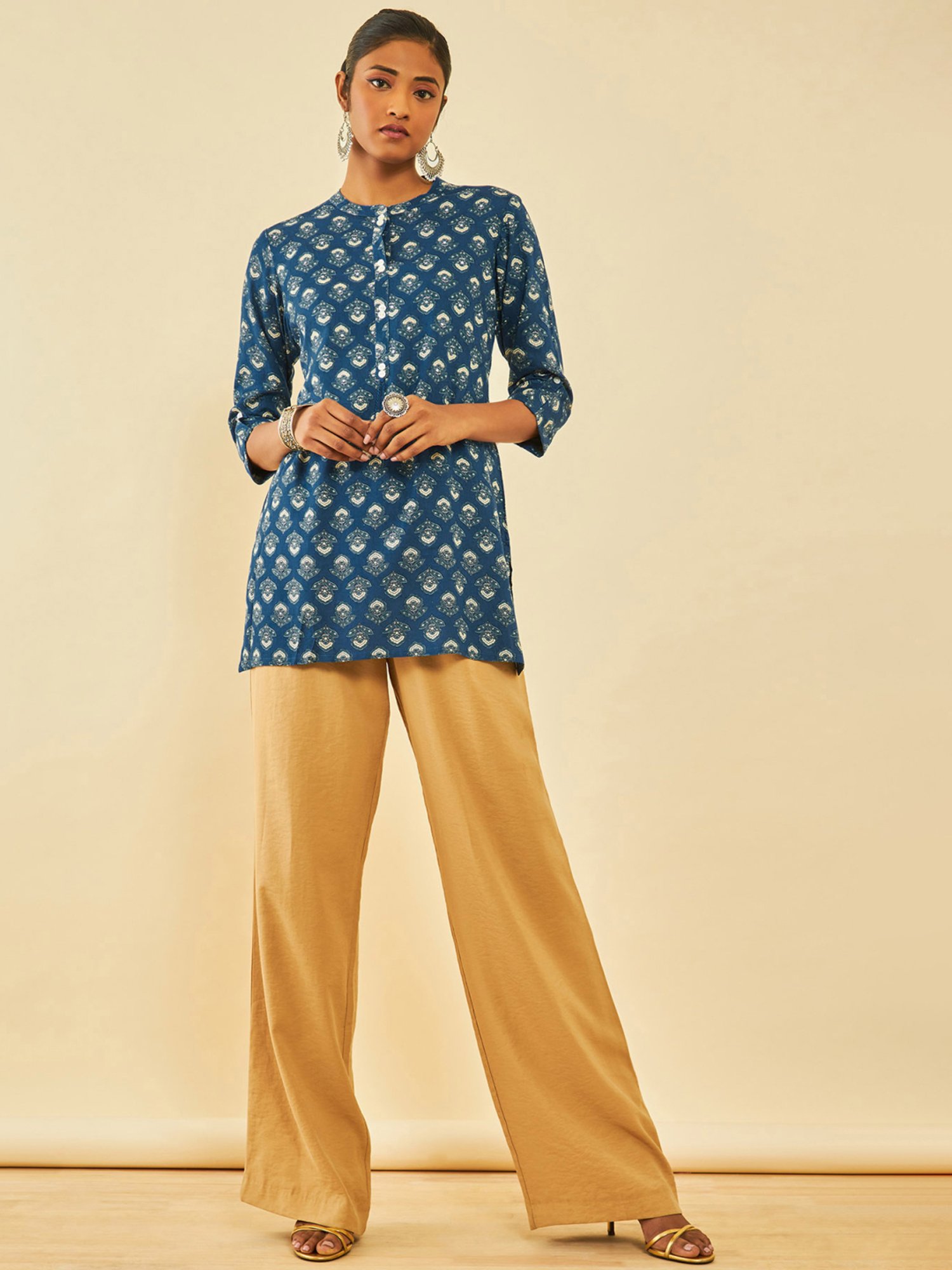 Soch Blue Rayon Floral Printed Tunic With Faux Mirror