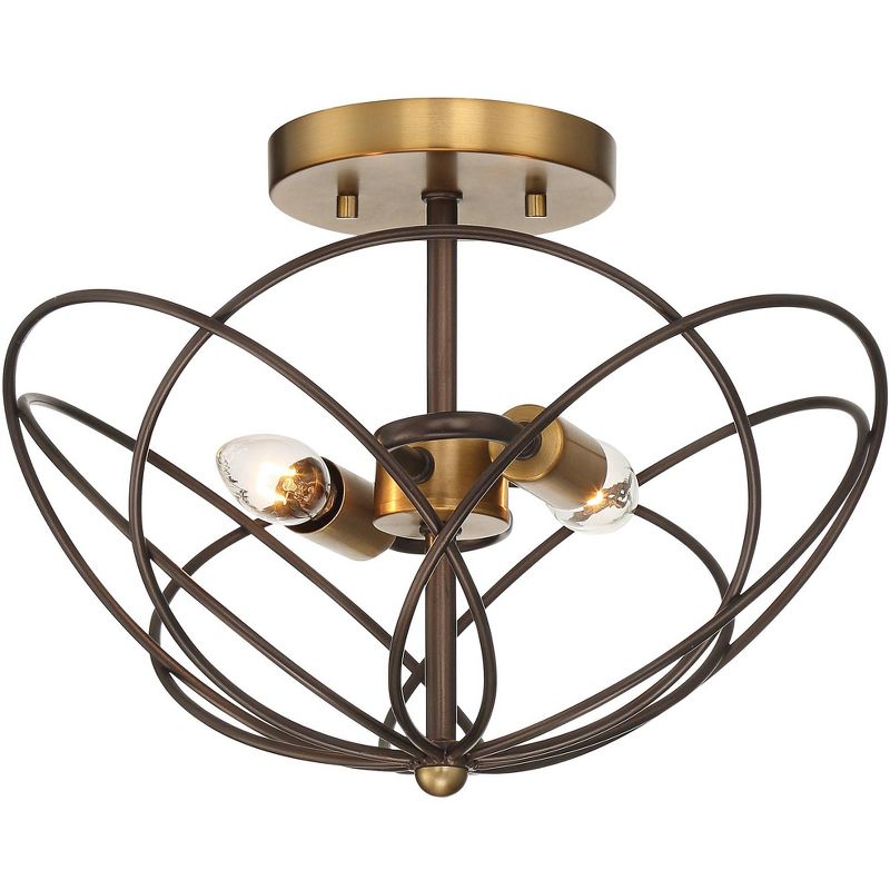 360 Lighting Mid Century Modern Ceiling Light Semi Flush Mount Fixture Bronze Warm Brass 13" Wide 2-Light Open Wire Caged Bedroom