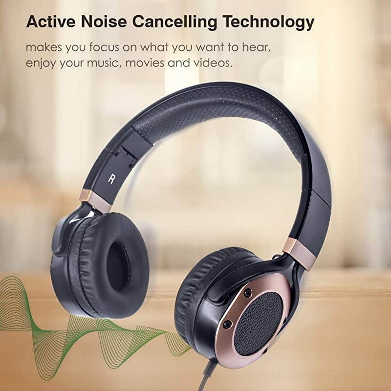 Noise Cancelling Headphones with Microphone and Airplane Adapter, Folding and Lightweight Travel Headsets, Hi-Fi Deep Bass Wired Headphones with Carrying Case