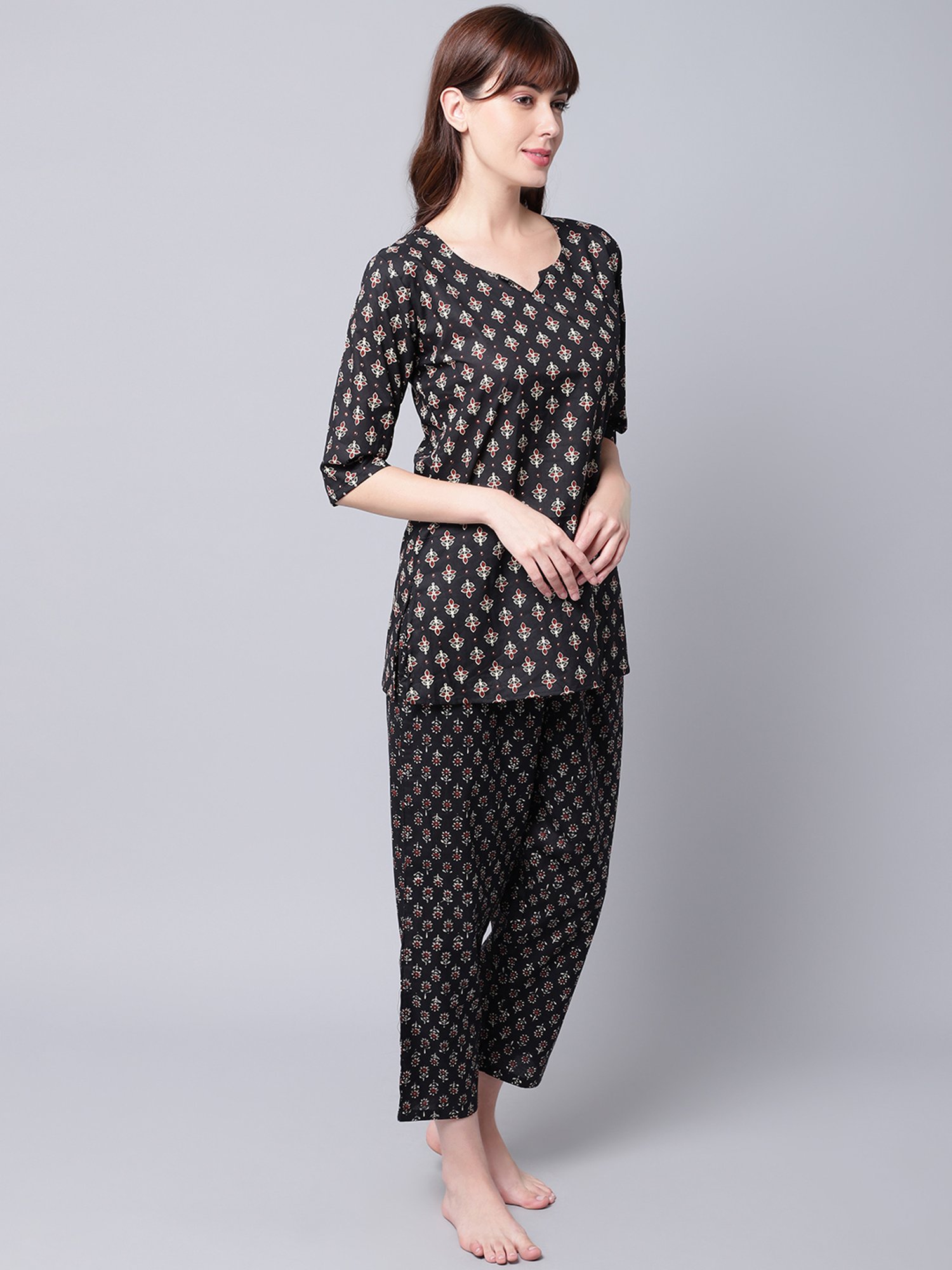 TAG 7 Black Cotton Printed Kurti Pant Set