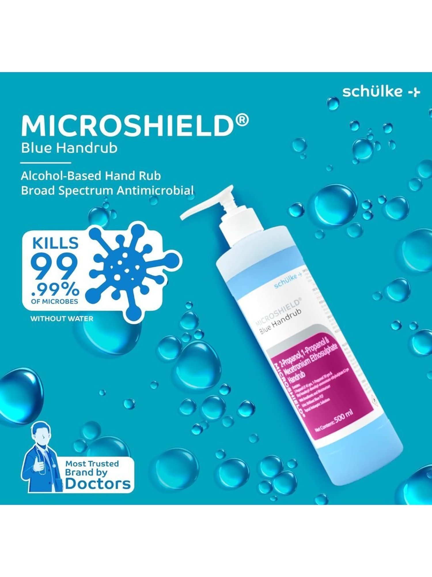 Microshield Handrub with 99.99 Percent Effective Against Germs, Skin Friendly 500ml (Blue)