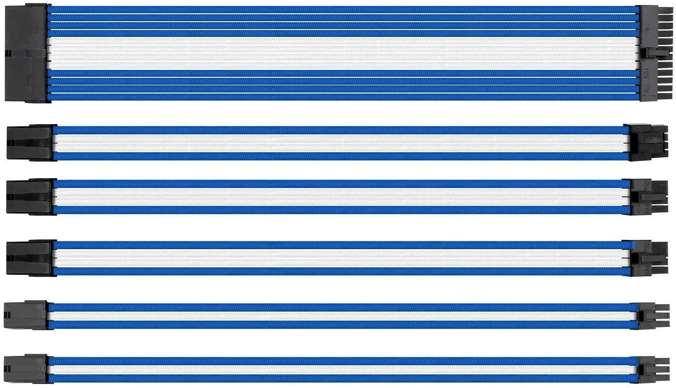 Sleeve Extension Power Supply Cable Kit, Power Supply with Extra-Sleeved 24-PIN 8-PIN 6-PIN 4+4 PIN-Blue/White with Cable Combs(11.8 inch/ 30CM),SC302