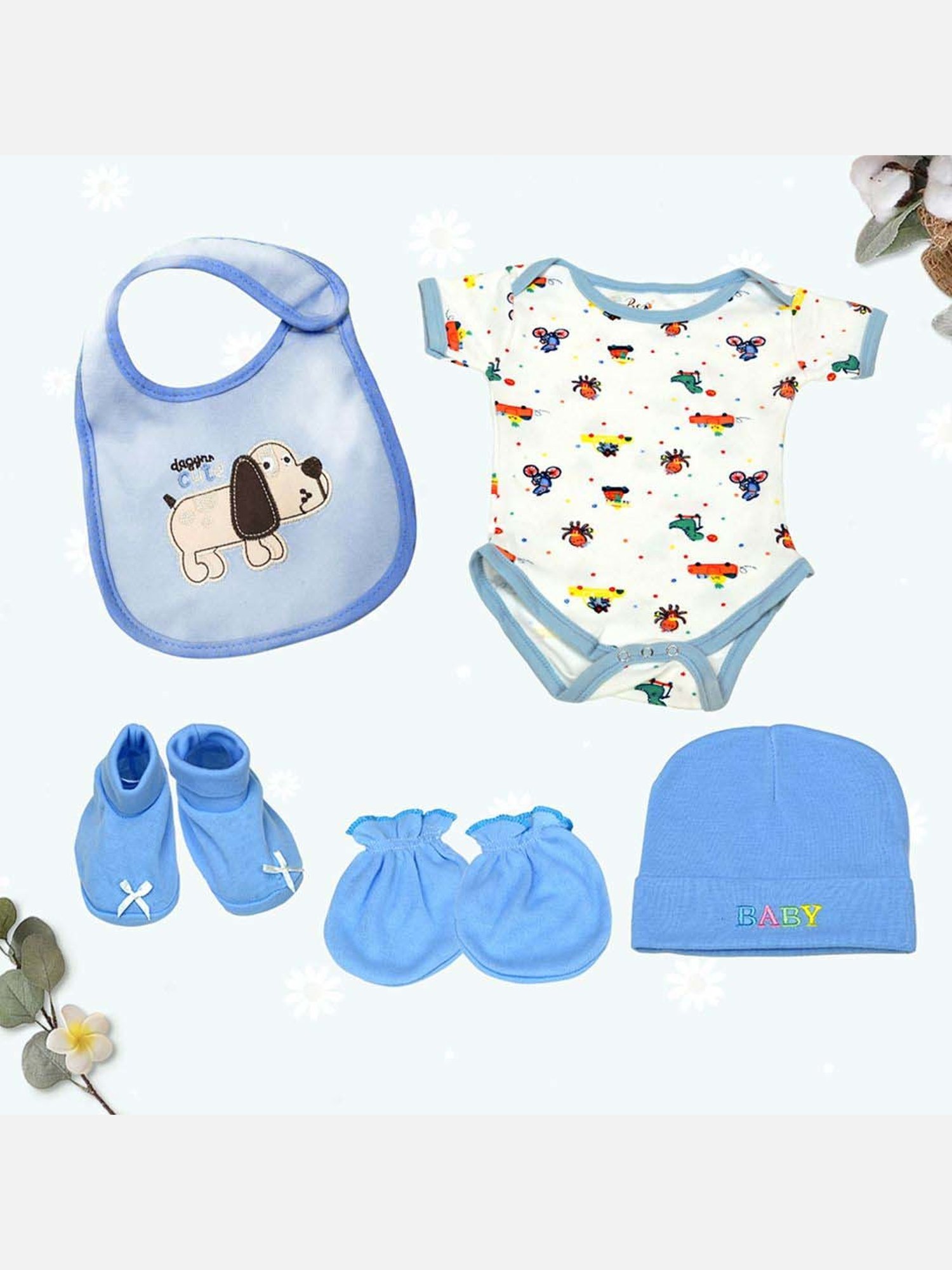 Little Surprise Box Kids Blue & White Cotton Printed Full Sleeves Gift Set