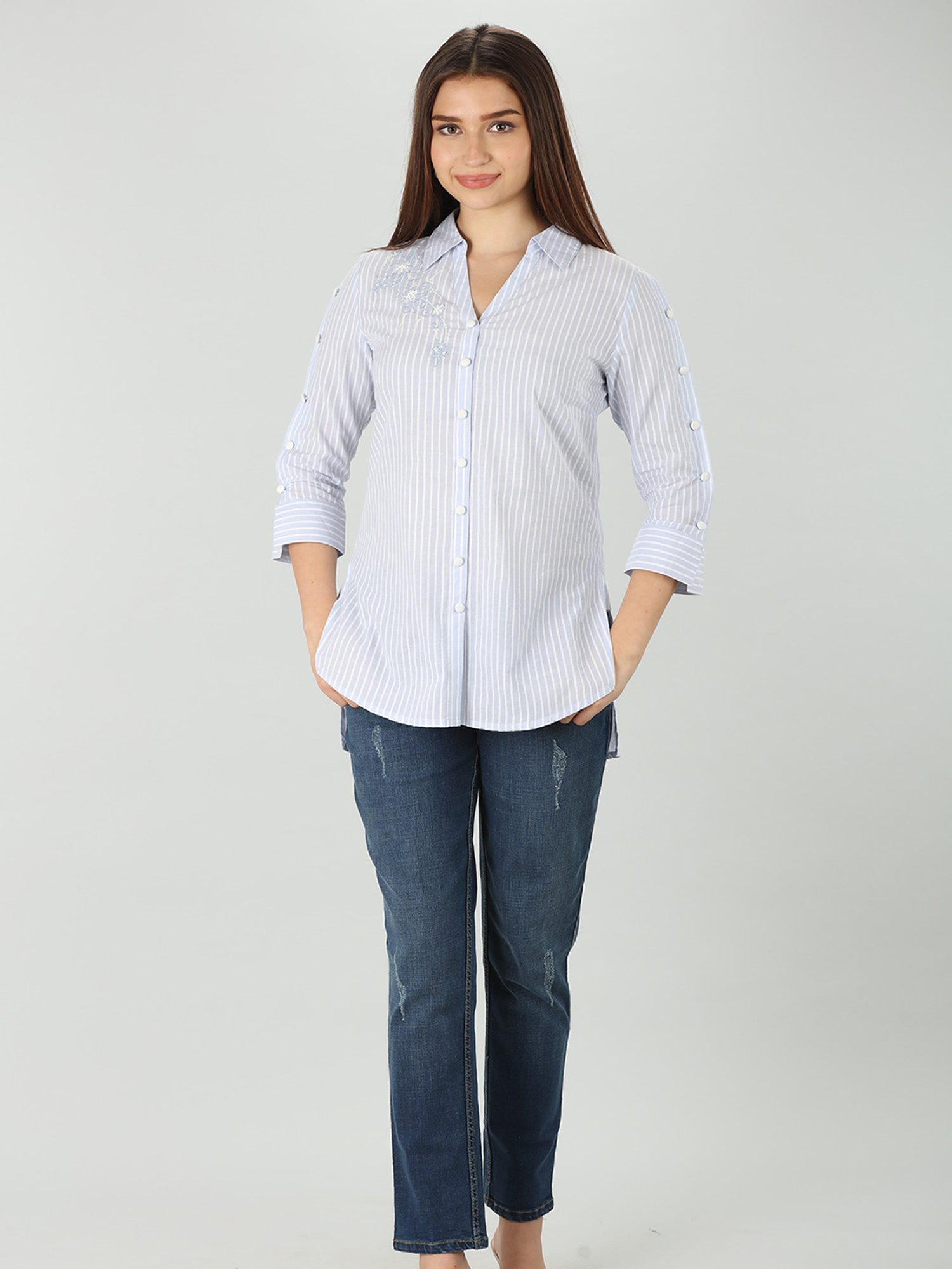 Mustard Blue & White Embroidered Shirt