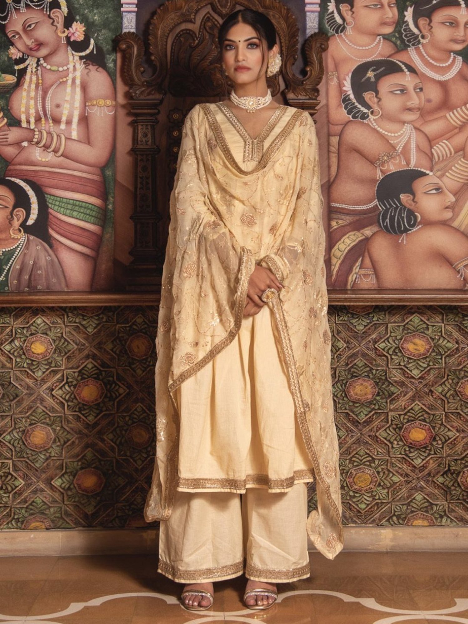 Calmna Saiba Beige Angular Gotapatti Suit Set