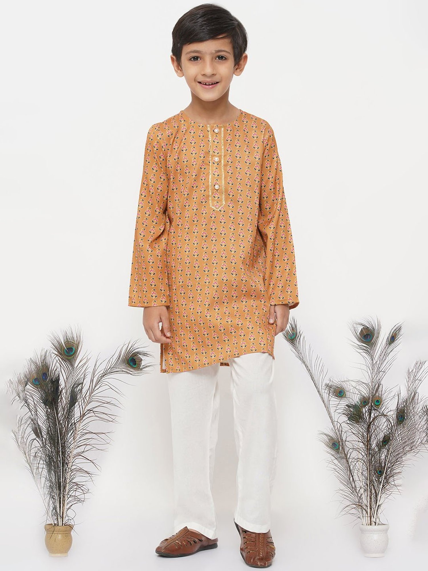 Little Bansi Orange & White Floral 1 Kurta + 1 Pyjamas