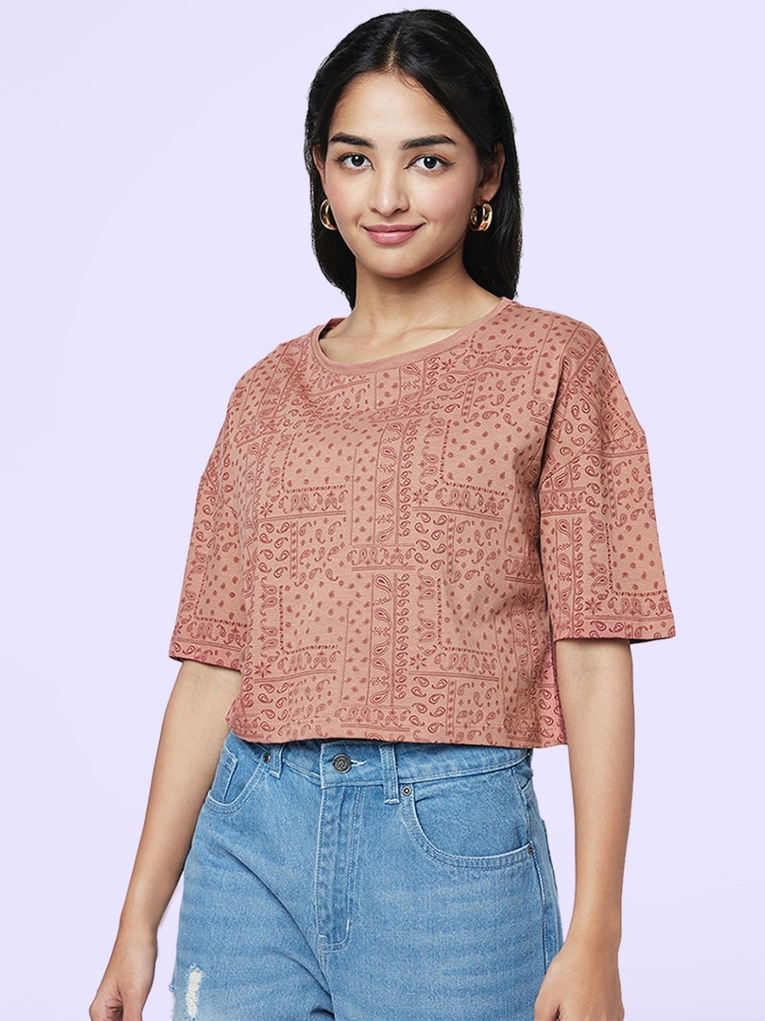 YU by Pantaloons Brown Cotton Printed Top