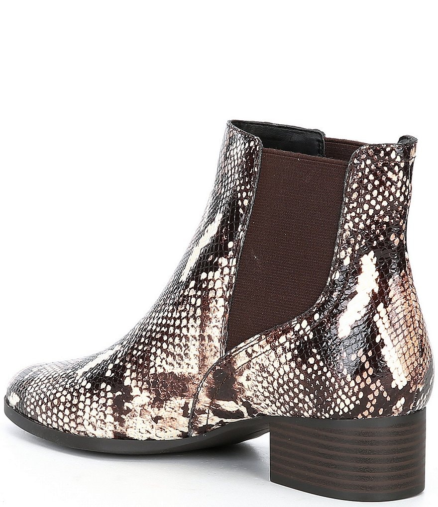 Alex Marie Gloriane Snake Print Chelsea Gore Block Heel Booties