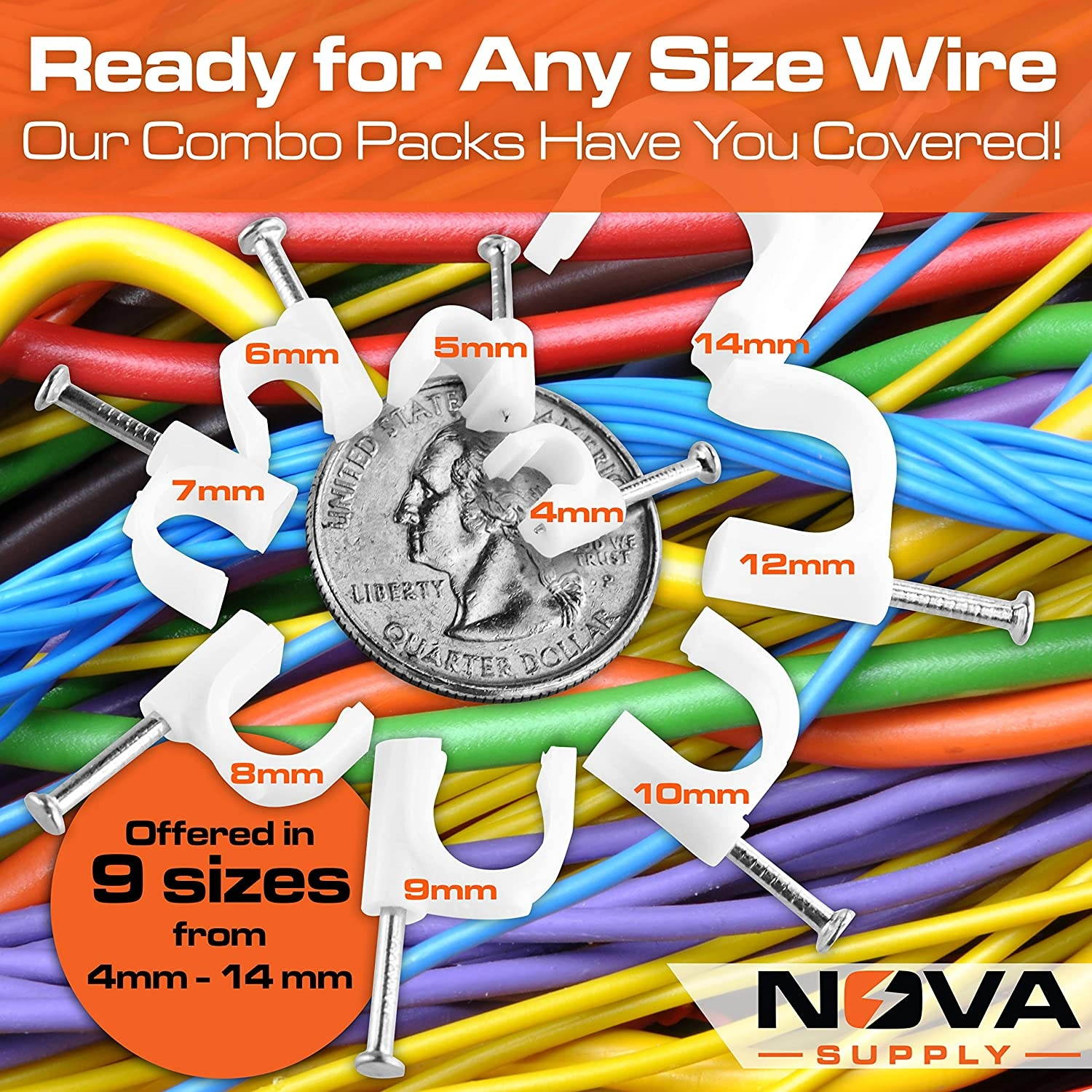 Pro-Grade, Cable Clips with Steel Nails 4mm, 14mm Wire Holders and Tacks 100 Per Size. Durable, UV Resistant Plastic Clips Help Organize Coax, Ethernet, Cat5, Cat6 and Other Cords.