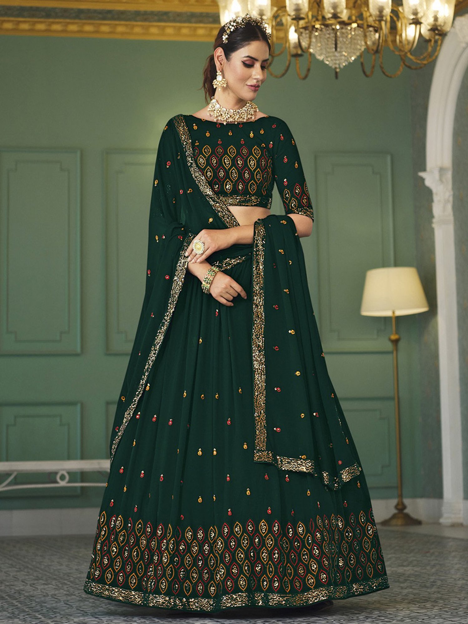 SHUBHKALA Green Embroidered Lehenga and Choli Set With Dupatta