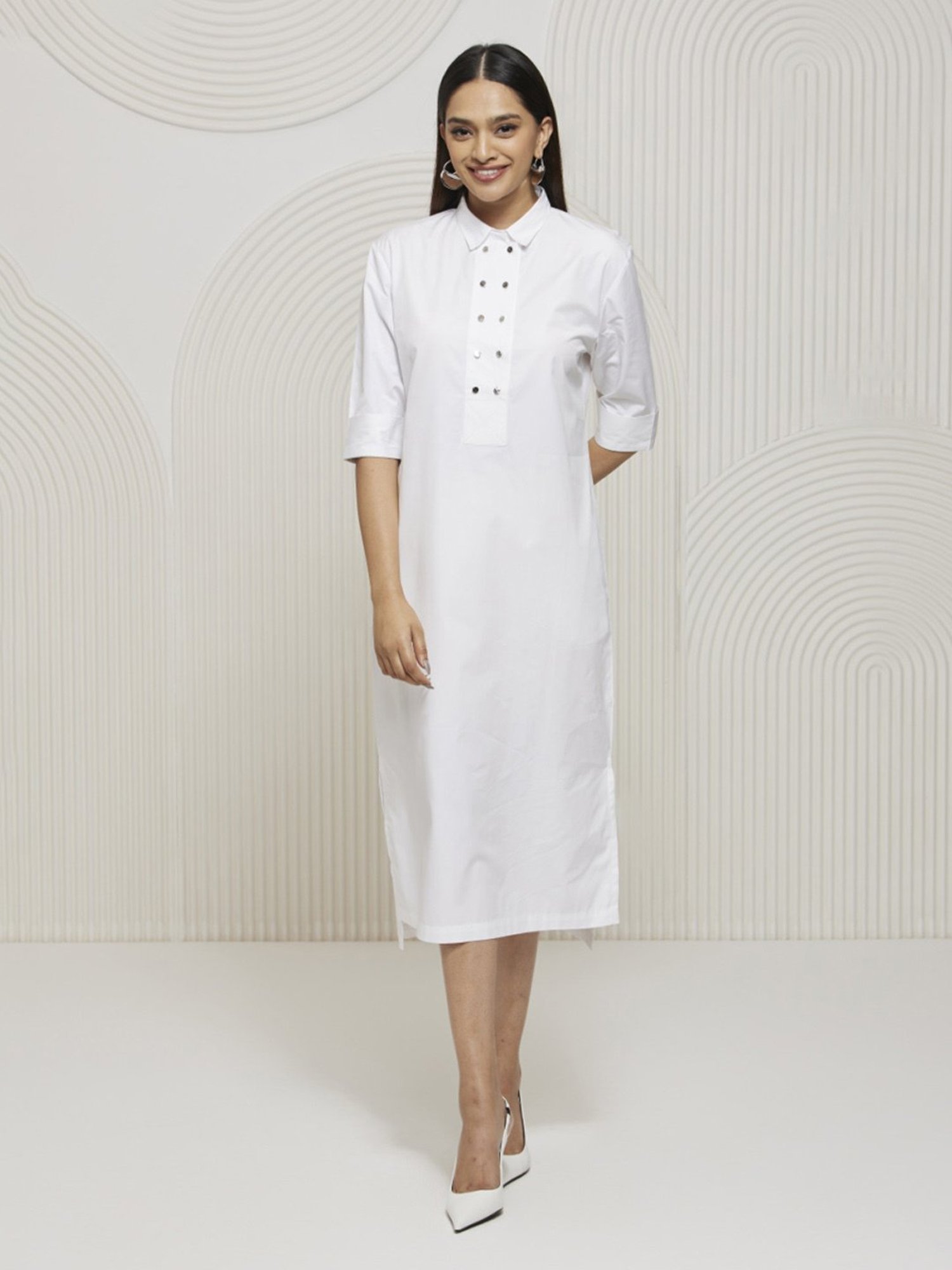 Artagai White Shirt Dress with Metal Button Detall