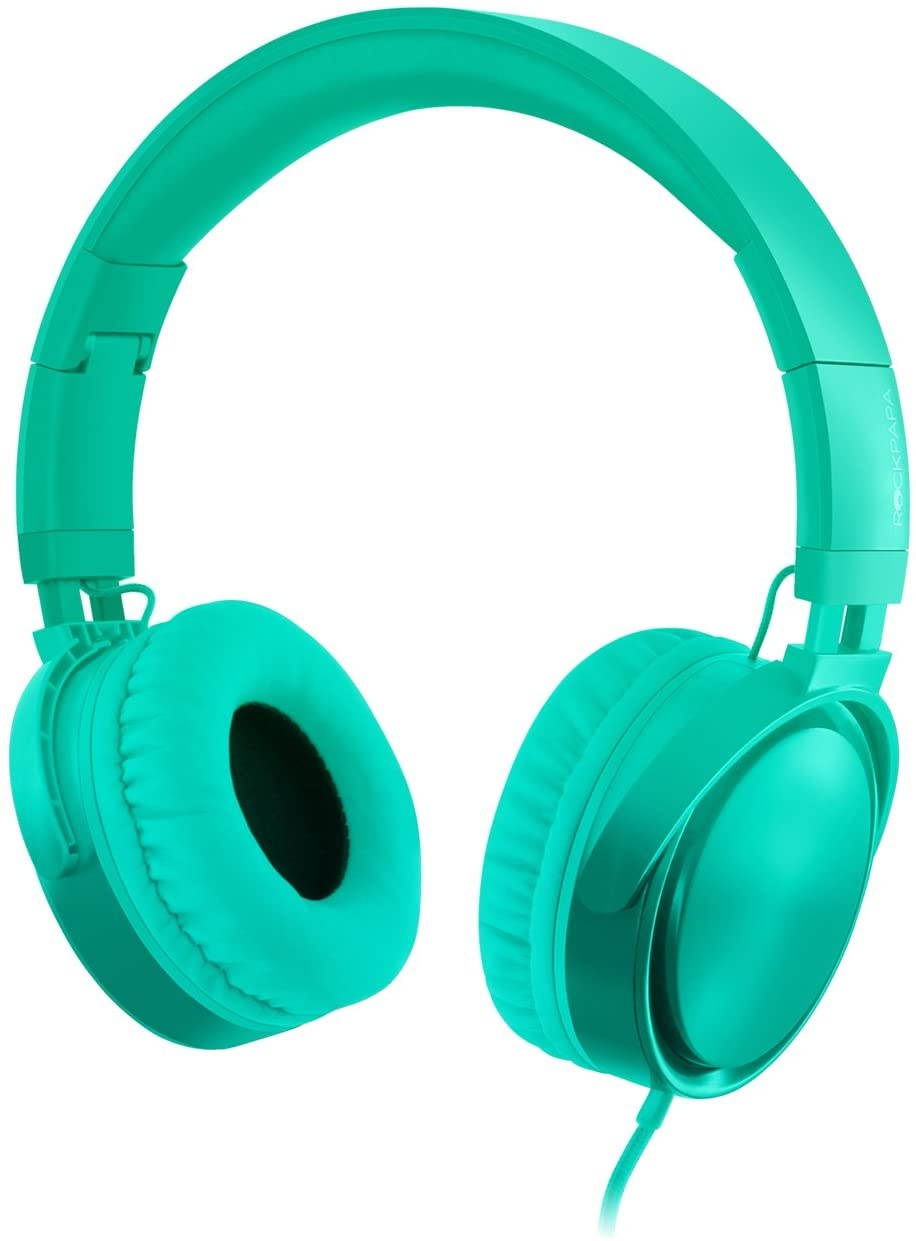 RockPapa Over Ear Stereo Foldabe Headphones Adjustable Noise Isolating Heavy Deep Bass Folding Headsets with Microphone 3.5mm for Smart Phones Tablets Computers MP3/4 DVD Gradient Teal