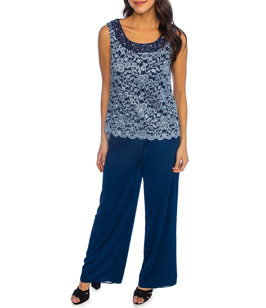 R & M Richards Petite Size Scoop Neck 3/4 Sleeve Scalloped Lace 3-Piece Pantsuit