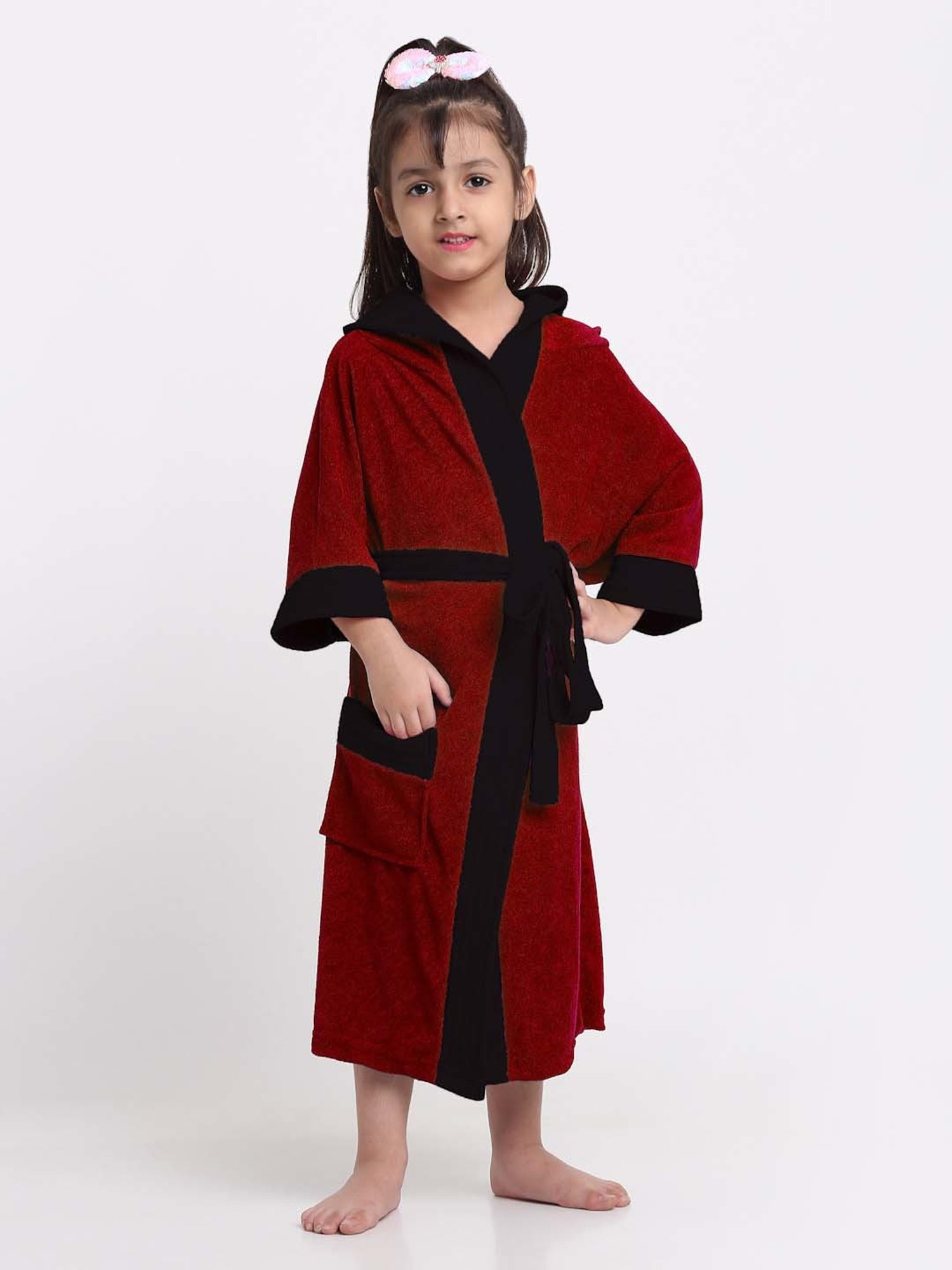 Creeva Melodious Black & Turkish Micro Terry 225 GSM Kids Hooded Bathrobe 4-5 Years With Pocket