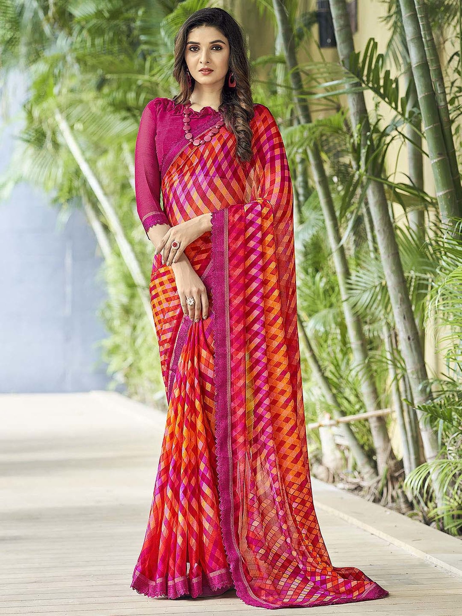 Saree Mall Orange & Purple Printed Saree With Unstitched Blouse