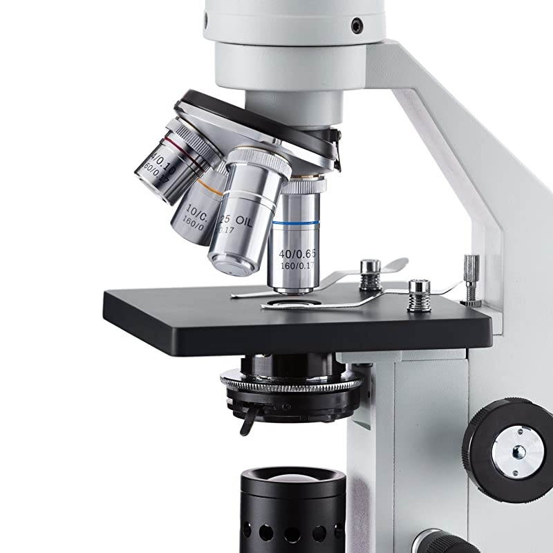 M500C-LED Cordless Monocular Compound Microscope, WF10x and WF25x Eyepieces, 40x-2500x Magnification, Anti-Mold Optics, LED Illumination, Brightfield, Abbe Condenser, Coarse and Fine Focus, Plain Sta