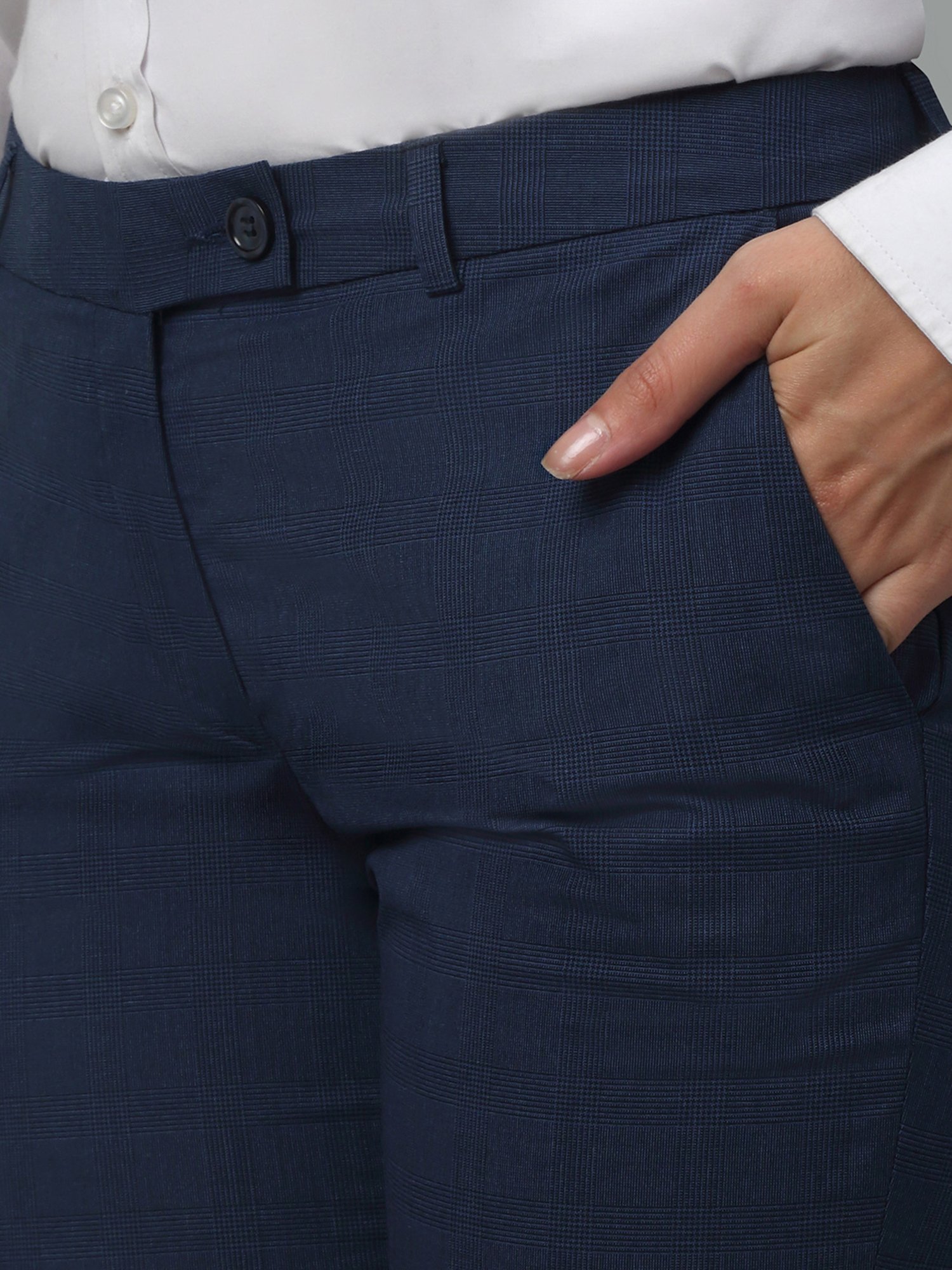 Crozo By Cantabil Blue Checks Regular Fit Mid Rise Trousers