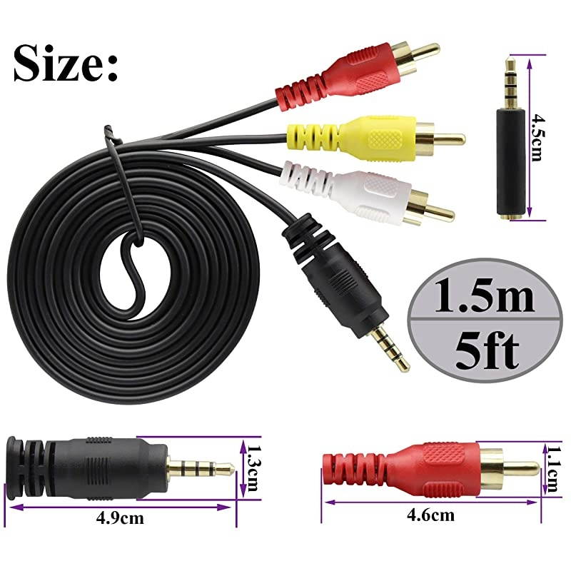 35mm to 3 RCA Audio Connector Cable Gold Plated 4 Pole 18 inch Male to 3 RCA Male TTRS Stereo Audio Adapter Cable for AVAudioVideoLCD TVHDTV etc15m5ft MM