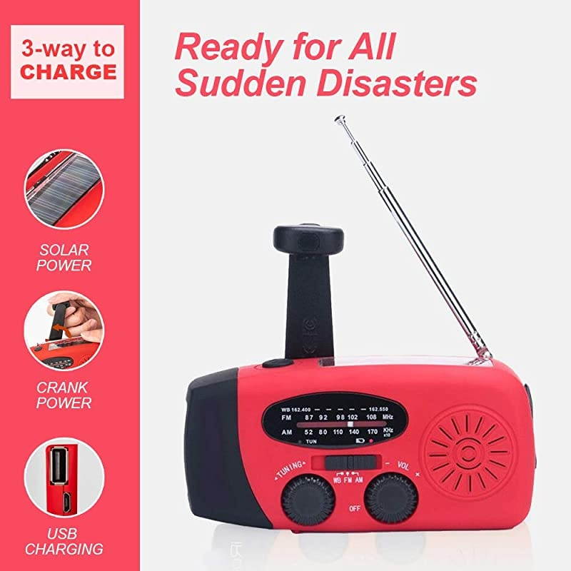 Emergency Solar Weather Radio Hurricane Supplies Earthquake Kit Hand Crank Self Powered AM/FM/WB NOAA Wind up Survival Radios LED Flashlight 1000mAh Power Bank for iPhone Smart Phone (Red)