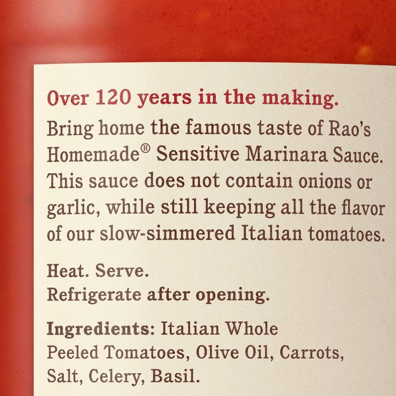 Rao's Homemade Sensitive Formula Marinara Sauce Premium Quality All Natural Tomato Sauce & Pasta Sauce Keto Friendly Carb Conscious - 24oz