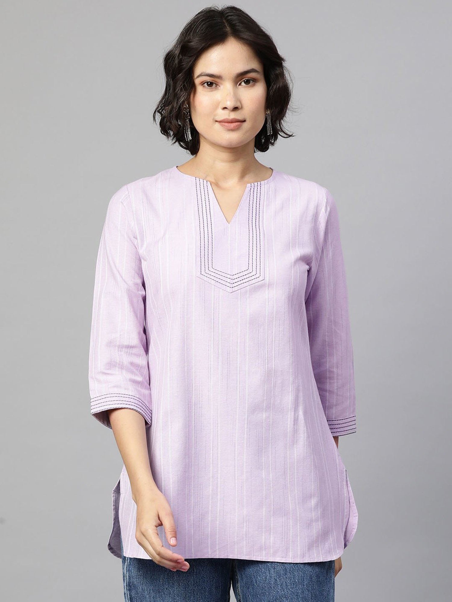 Cottinfab Lavender Self Design Ethnic Cotton Top