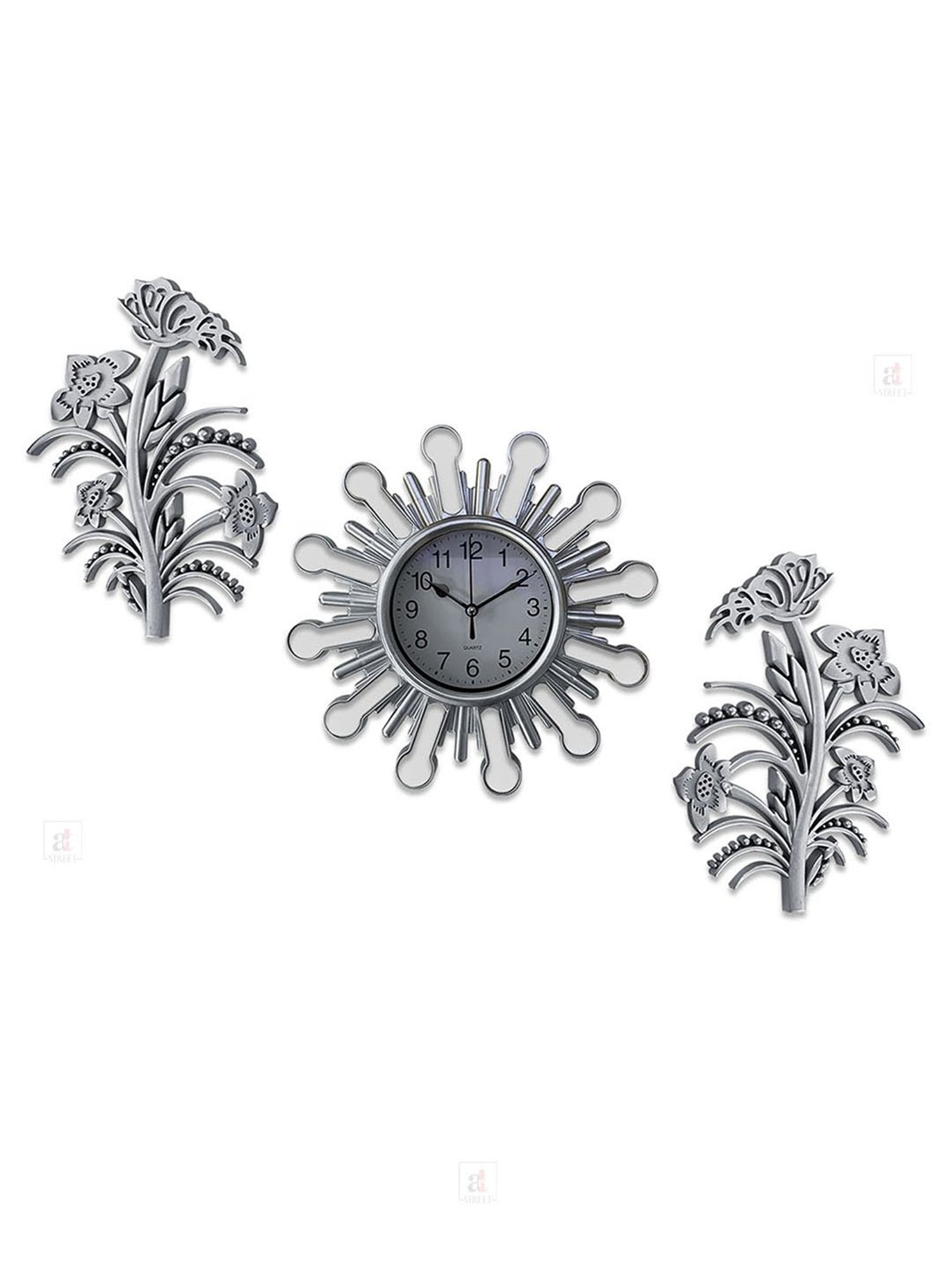 Art Street Silver Plastic Wall Clock with Leaf Set