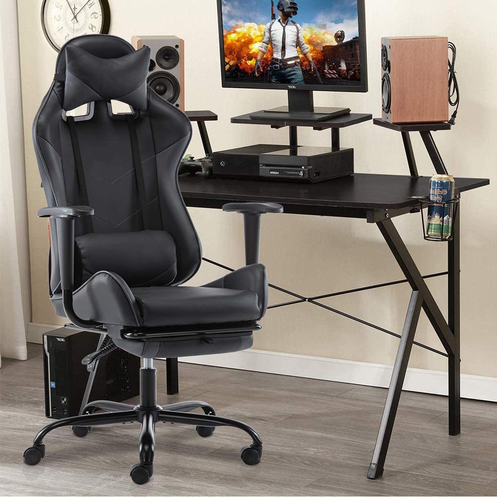 SMUGDESK Gaming Chair with Footrest Racing Style Recliner with Lumbar Support, Ergonomic Office Armchair for Computer PU Leather High Back Desk Chair Headrest Swivel Rocking Desk Chair, Blue