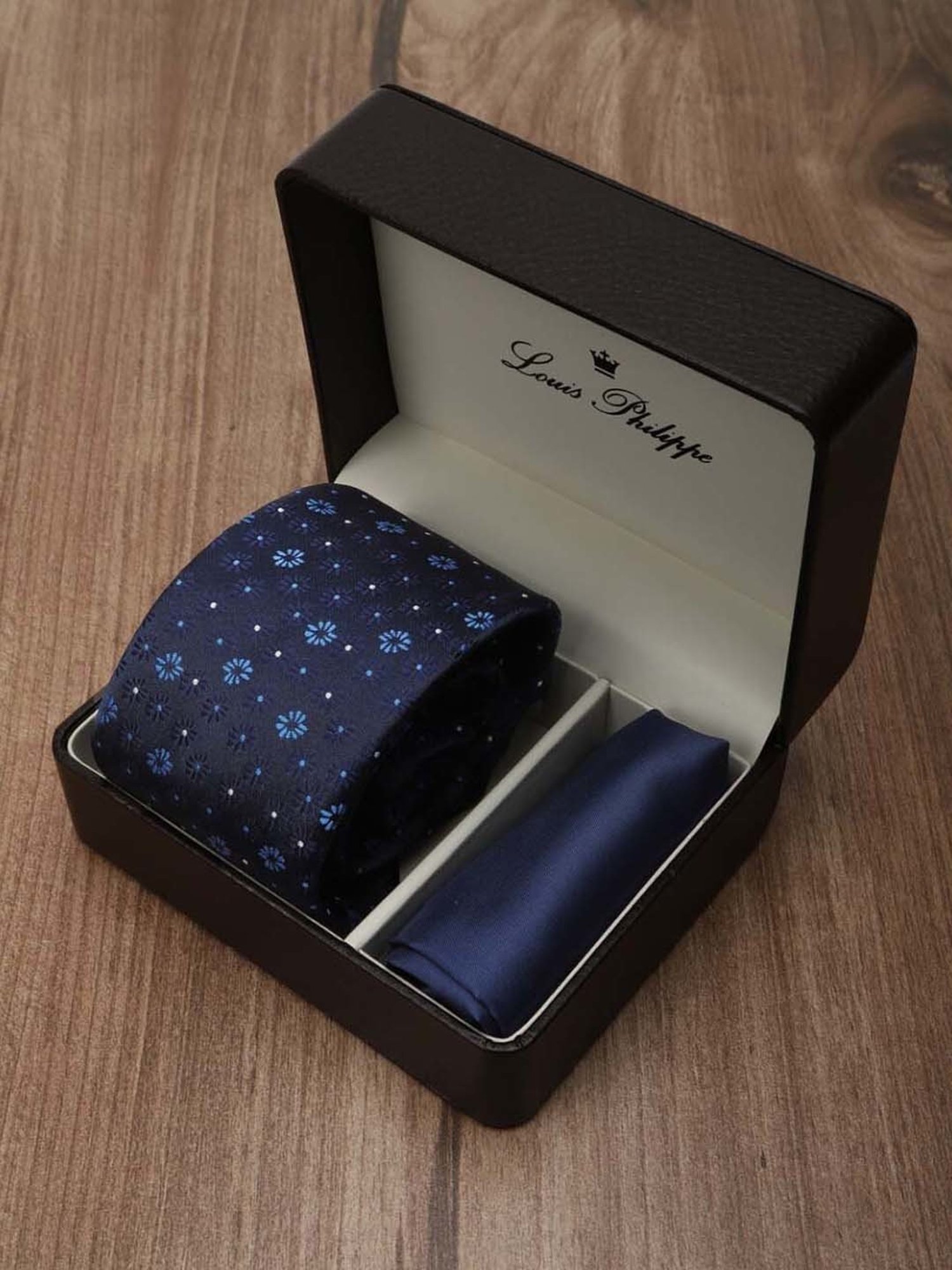 Louis Philippe Navy Printed Tie with Pocket Square