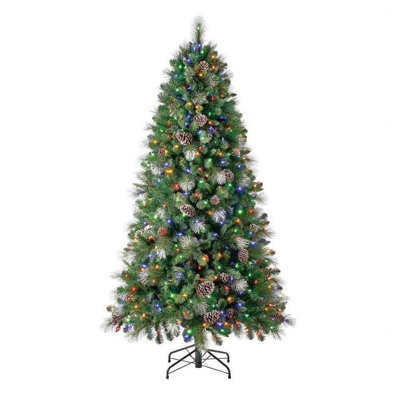 Home Heritage Lincoln 7 Foot Prelit Artificial Christmas Tree with Multicolored Lights, Pine Cone, and Silver Glitter