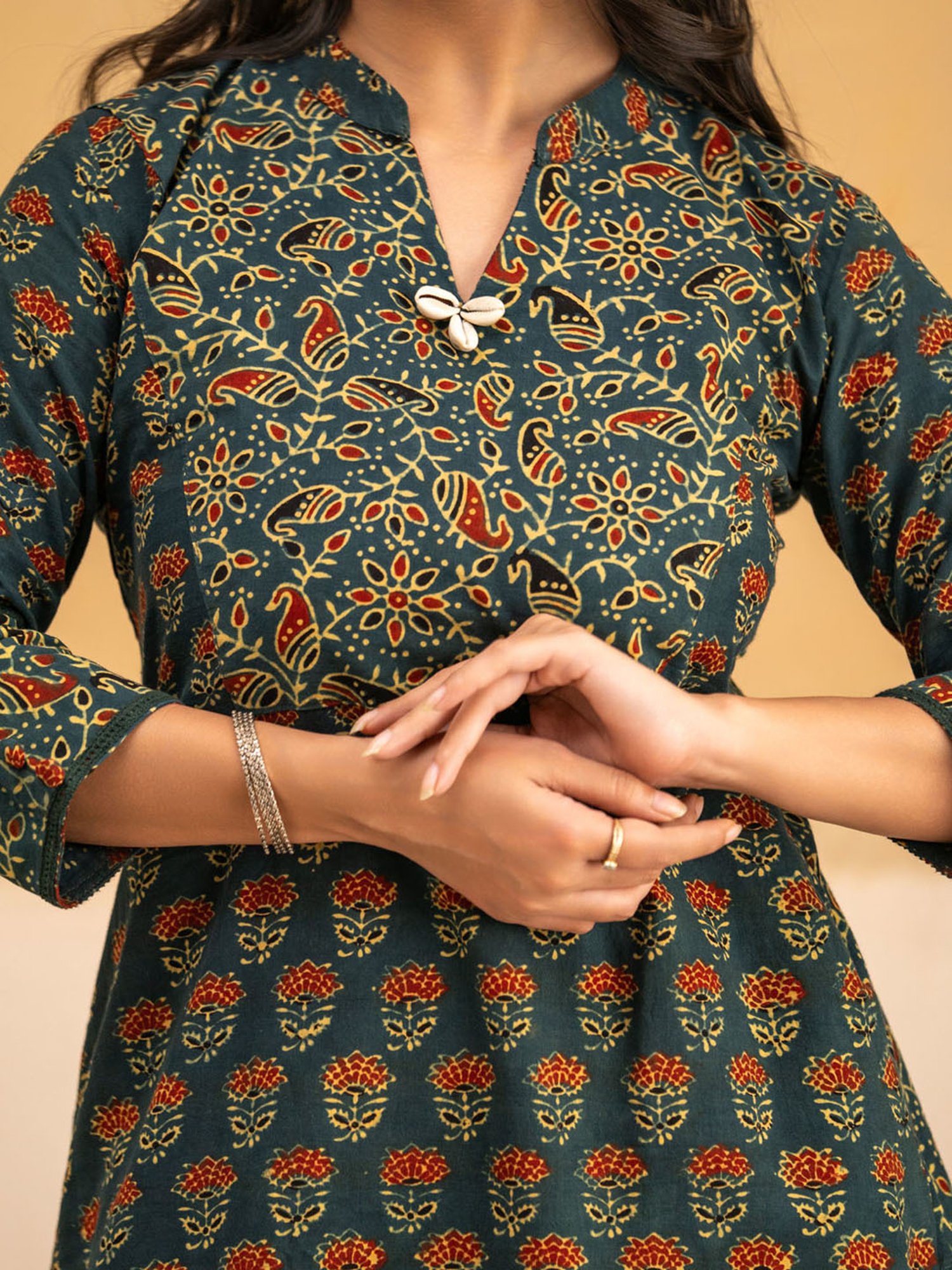 Love Chic Ajrakh Straight Kurta with Cowrie shells