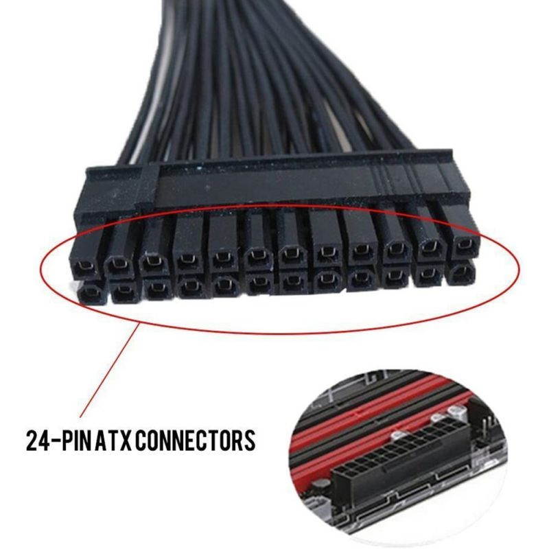 Dual PSU Power Supply 24 Pin Extension Cable, For ATX Motherboard, 24 Pin To 24(20+4) Pin, 12 Inch/ 30cm Black