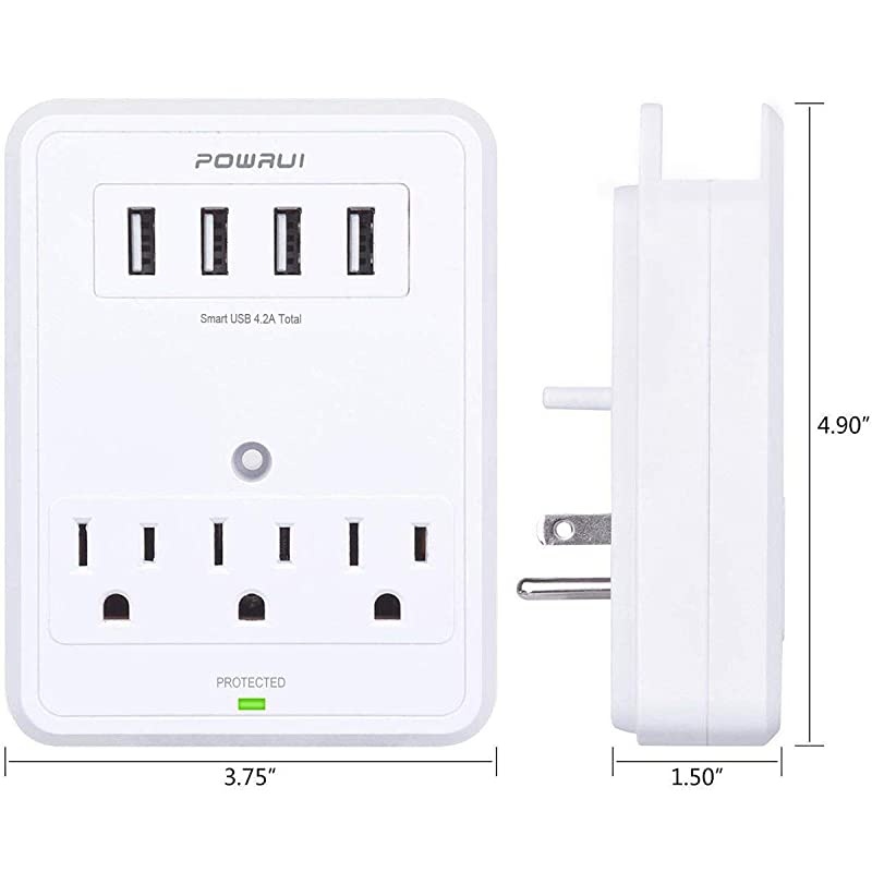 Multi Wall Outlet Adapter Surge Protector 1680 Joules with 4USB Ports Wall Charger Wall Mount Charging Center 3 Outlet Wall Mount Adapter for Home School Office ETL Certified