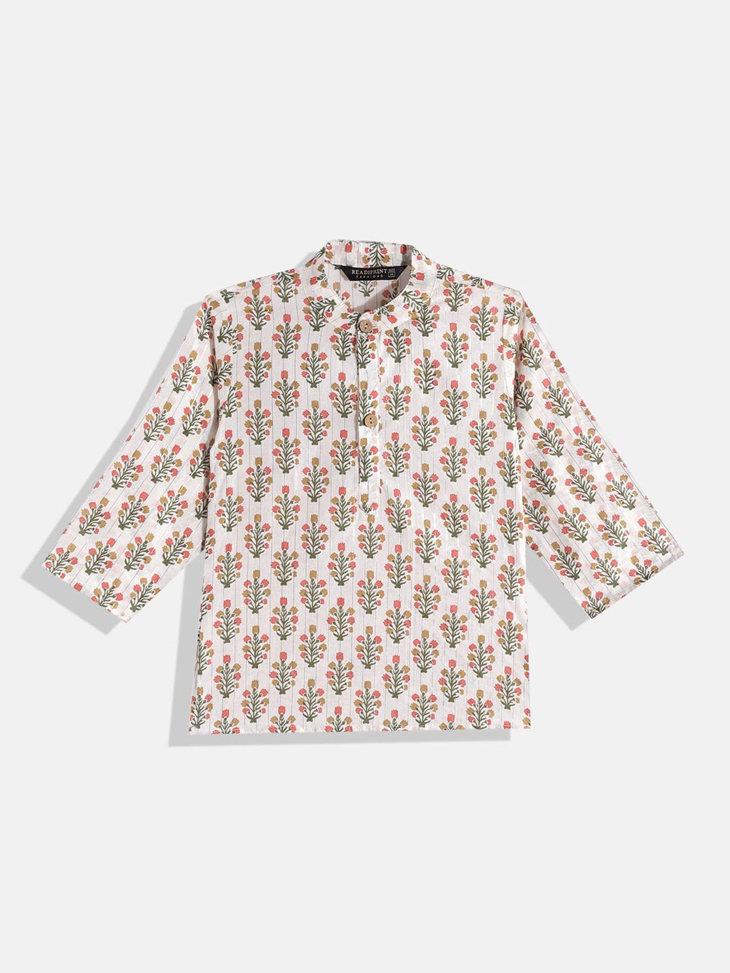 READIPRINT FASHIONS Kids Cream & White Floral Print Full Sleeves Kurta, Nehru Jacket with Pyjamas