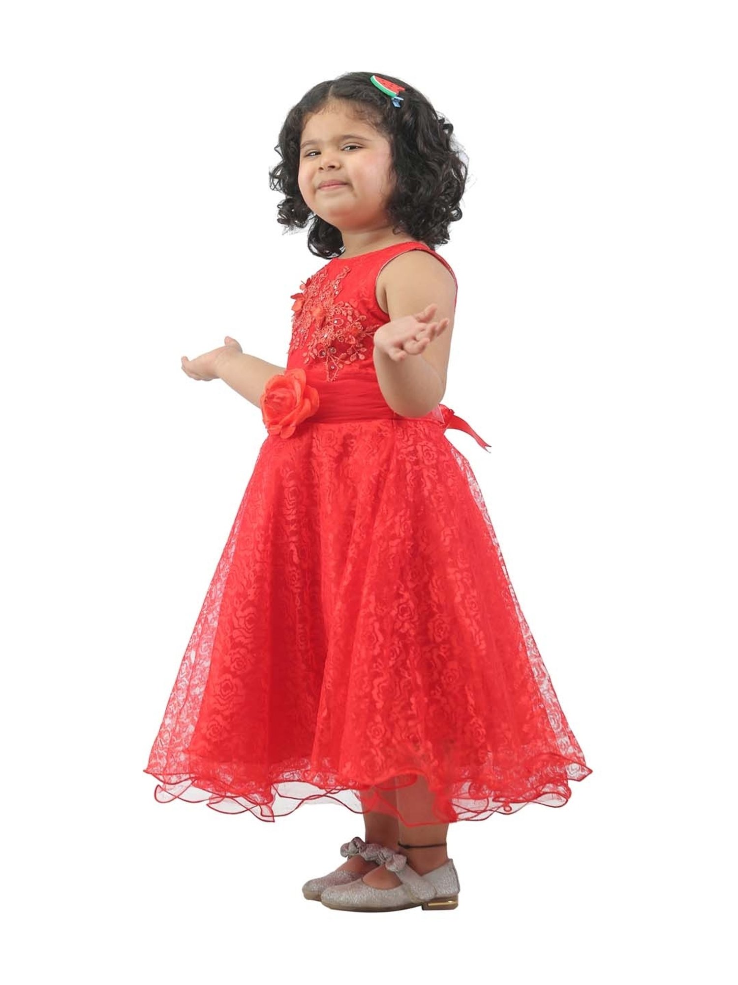 Ahhaaaa Kids Red Cotton Sequence Dress