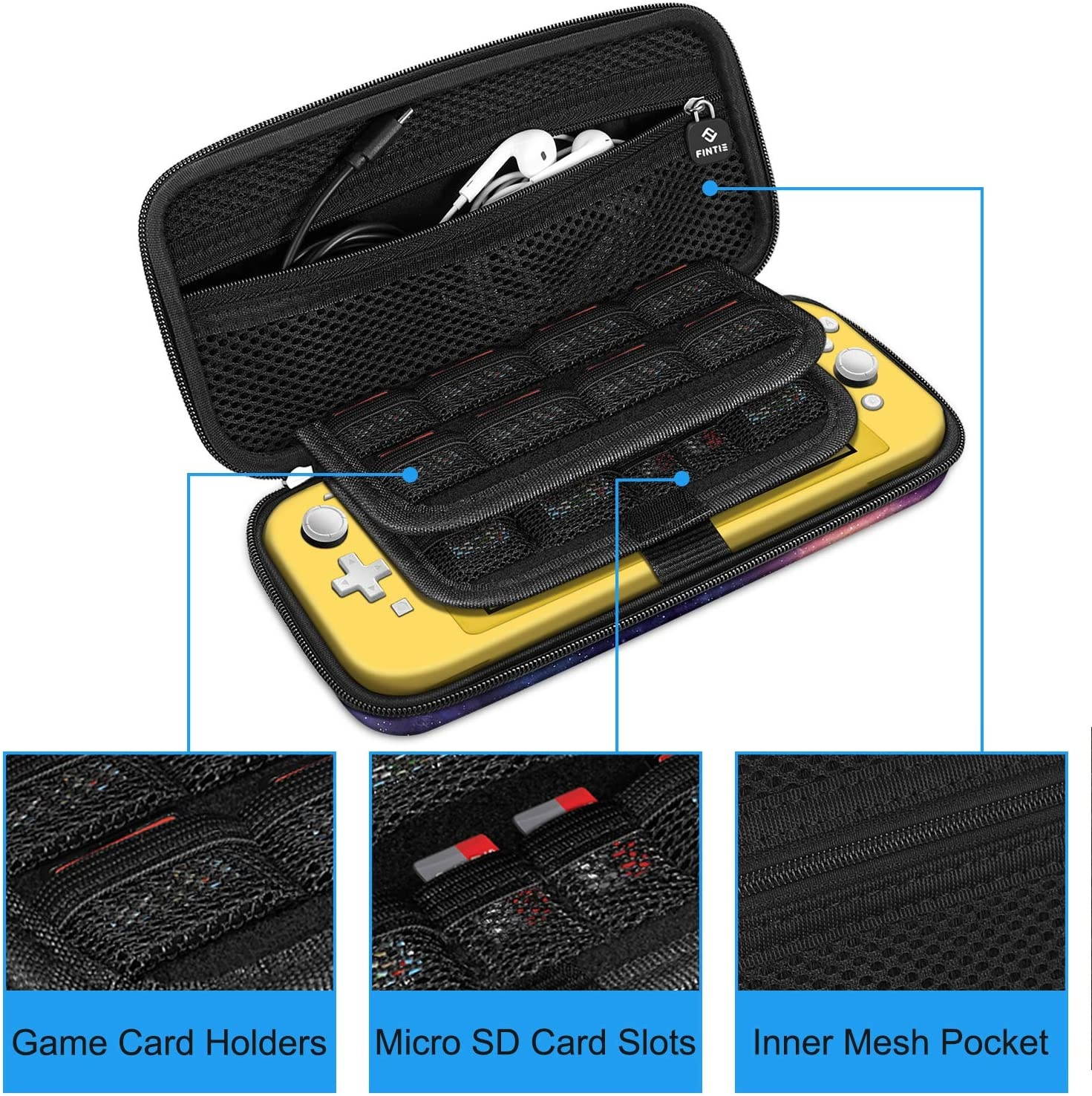 Fintie Carry Case for Nintendo Switch Lite 2019 - [Shockproof] Hard Shell Protective Cover Bag with 15 Game Card/2 Micro SD Card Slots, Inner Pocket for Switch Lite Console & Accessories, Galaxy