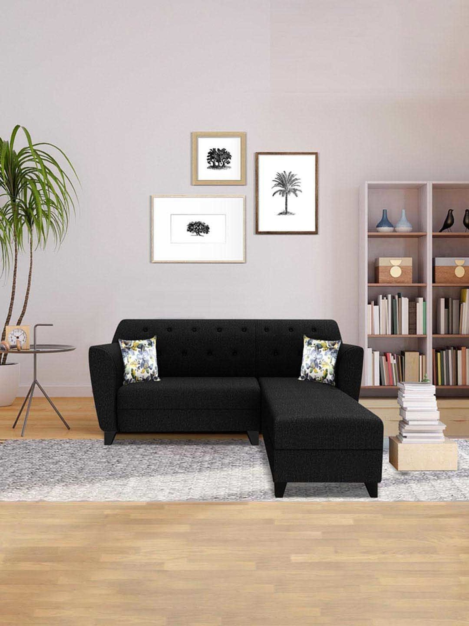 Trevi Mystic Black Fabric & Neem Wood 5 Seater RHS Sectional Sofa