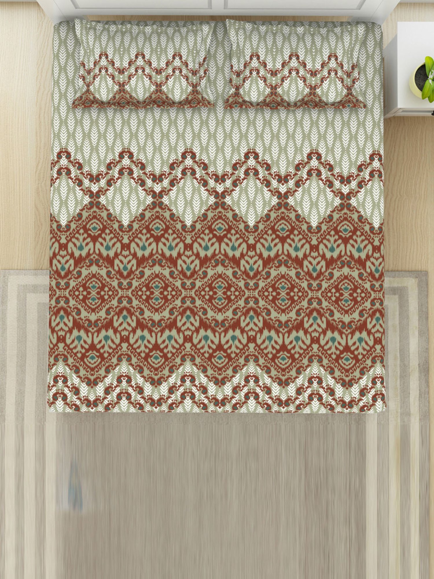 Spaces Ikkat Chevron Orange 144 TC Cotton King Bedsheet with 2 Pillow Covers