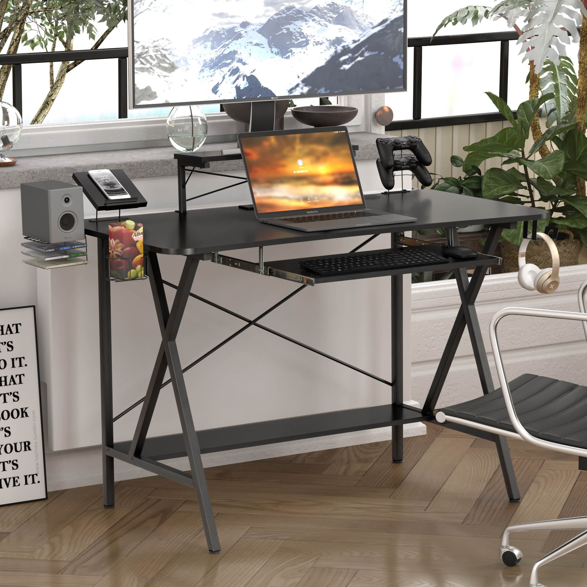 47" Gaming Desk Table E-Sports Computer Desk with PC Stand Shelf Keyboard stand Power Strip with USB Cup Holder & Headphone Hook Home Office Desk Gamer Desk Writing Table Carbon Fiber Coated Black